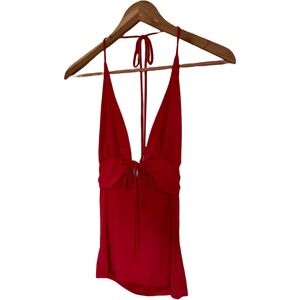 Red Tie Halter Top Plunge Neckline Deep V